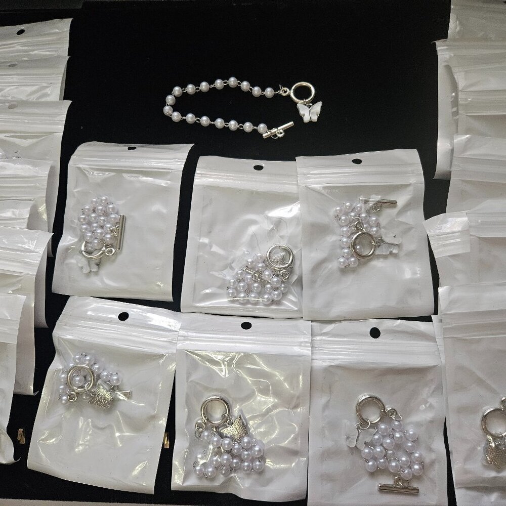 23 Pc White Pearl Beaded Toggle Bracelets Butterfly Charm Bulk Jewelry Lot